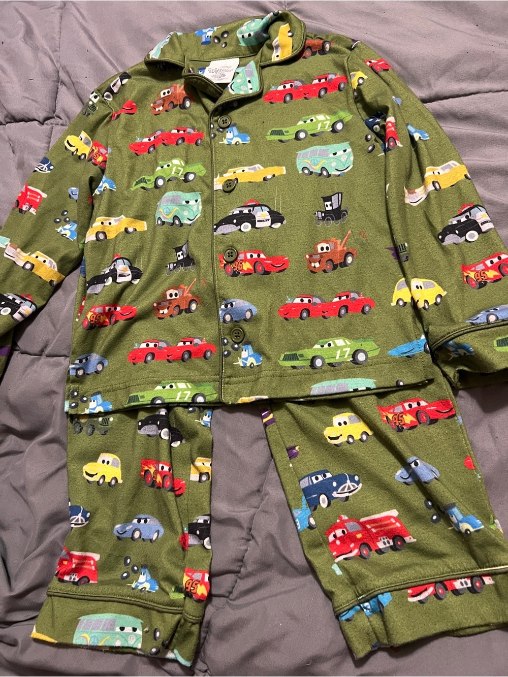 Disney Olive Green Cars Pajama Set with Multicolor Vehicle Prints Size 4T
